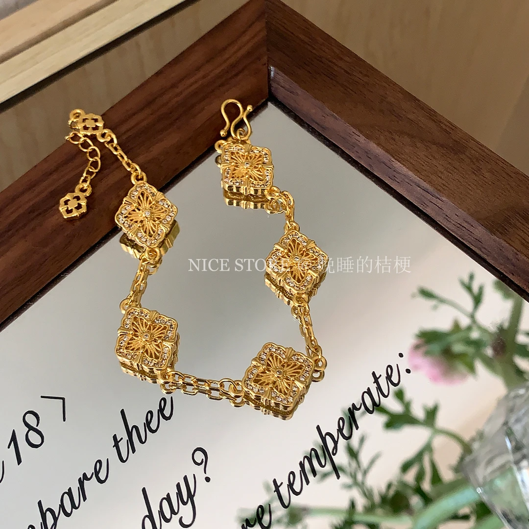 合金手链 晚睡的桔梗「幸运花」中古镶钻四叶草手链幸运轻奢新中