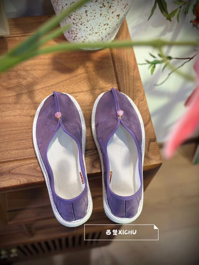 【青黛】紫色织锦缎面透气养脚布鞋