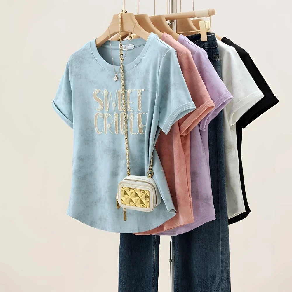 2025年大码女装扎染正肩t恤女夏季胖mm遮肉显瘦百搭圆领上衣1112