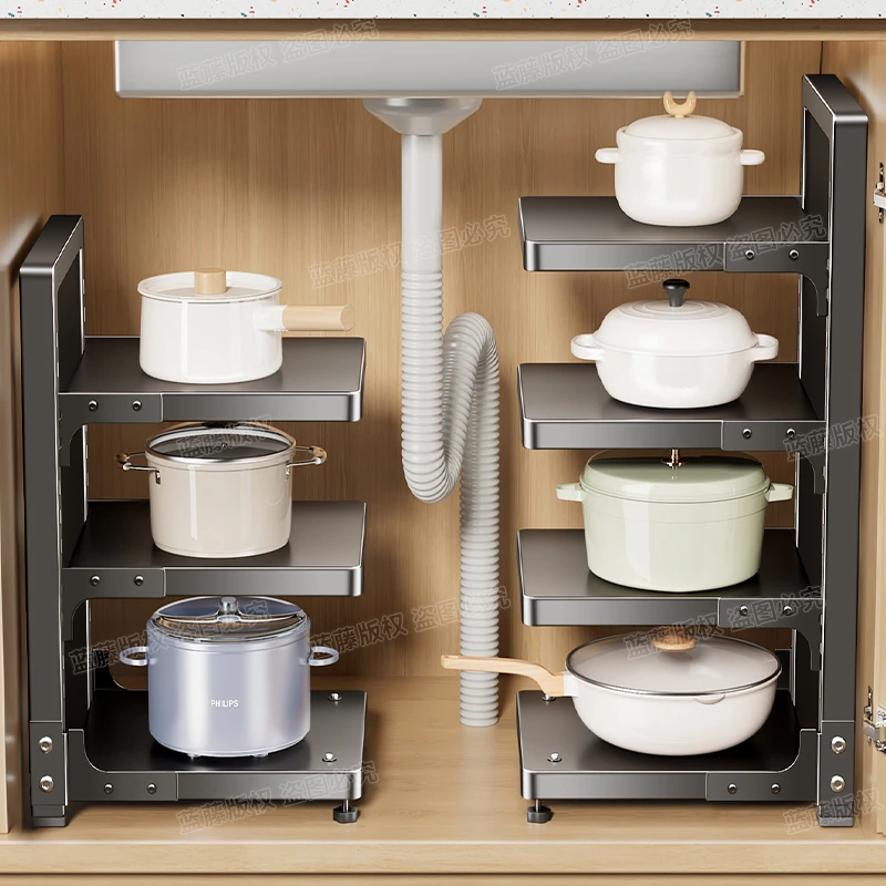 厨房落地锅架多功能分层落地式家用可折叠置物架下水槽收纳架水盆