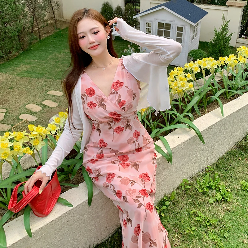 大码女装法式小众小清新碎花连衣裙胖mm新款V领无袖吊带裙2063