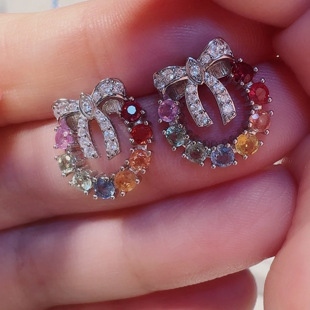 蓝宝石耳饰银S925镶嵌耳钉