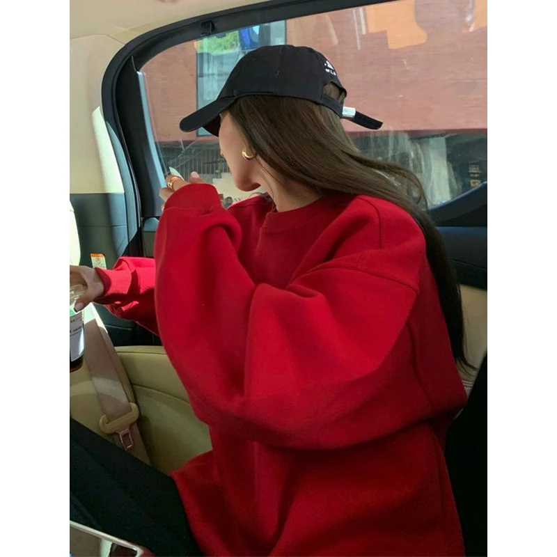 韩版红色加绒圆领卫衣女秋冬季2025新款美式气质中长款显瘦上衣