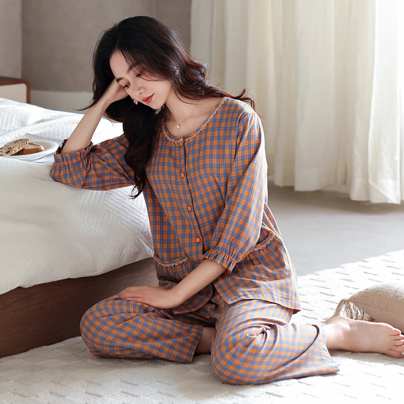 春秋新款七分袖睡衣女薄款宽松外穿大码韩版夏天半袖家居服套装