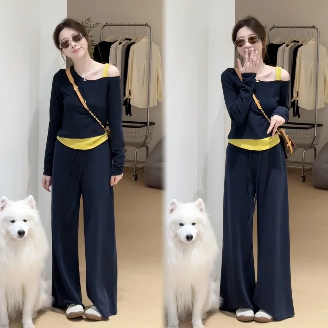 2025早秋新款洋气时尚韩系设计感显瘦露肩上衣+休闲阔腿裤套装女