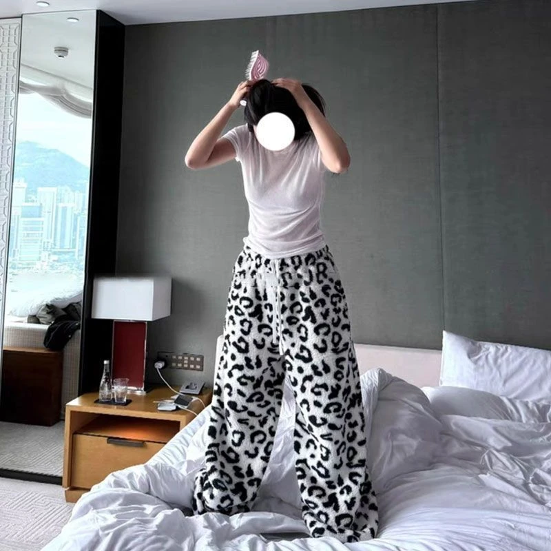 【冬季加厚】ins美式复古慵懒风毛绒豹纹宽松休闲外穿家居裤潮流