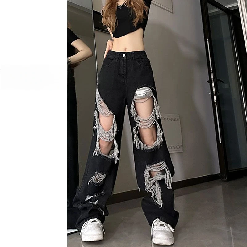 特大码300斤胖mm乞丐破洞牛仔裤女直筒阔腿裤长裤宽松显瘦裤子ins