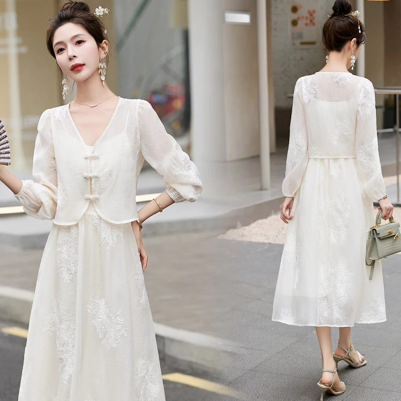 新中式中国风休闲吊带裙套装女装2025年早秋季新款薄款长裙两件套