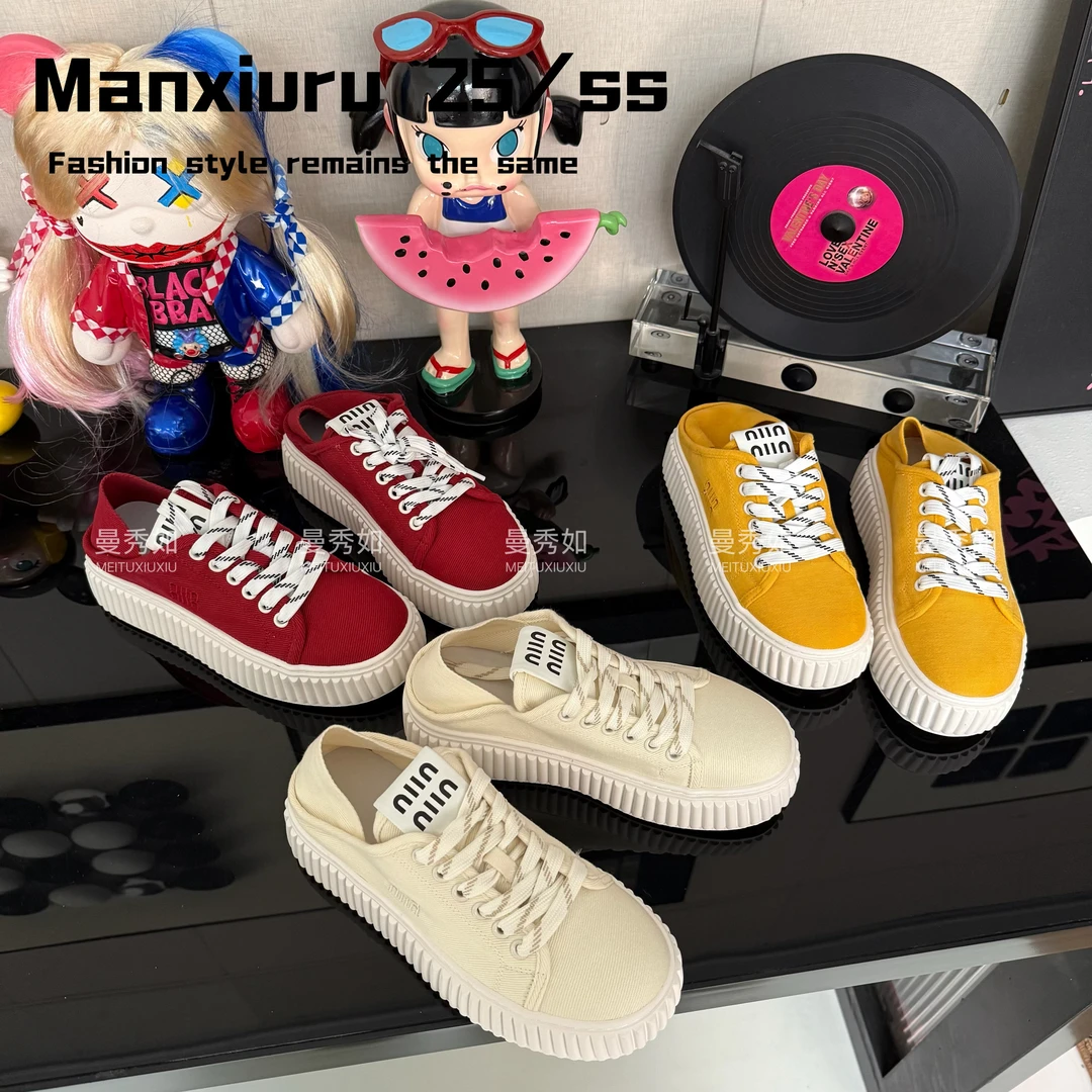 【曼曼】ManXR-“小岛来信”厚底板鞋2025夏季新款两穿休闲小白帆布鞋