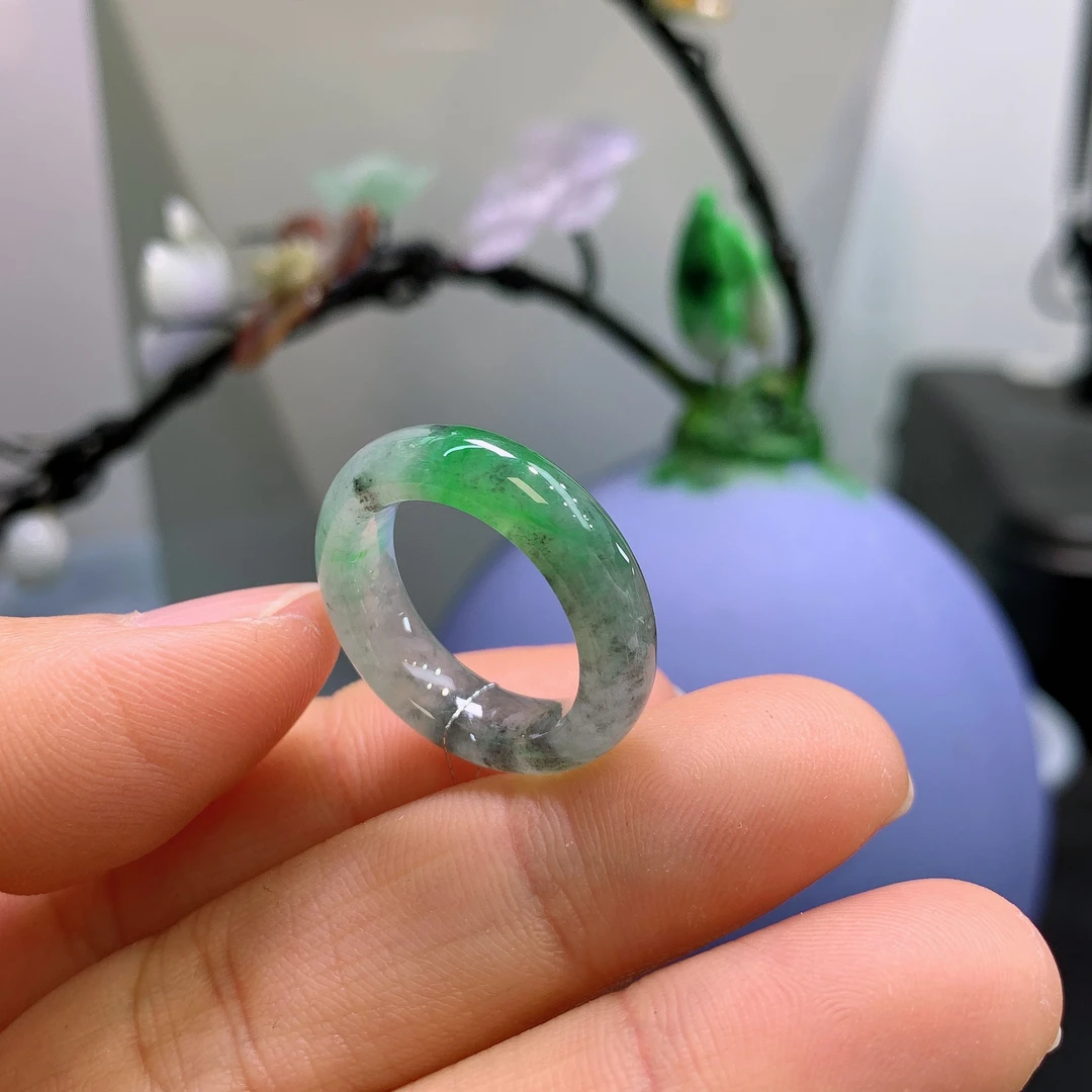 12圈口缅甸天然翡翠A货冰润绿乌鸡戒指A788#