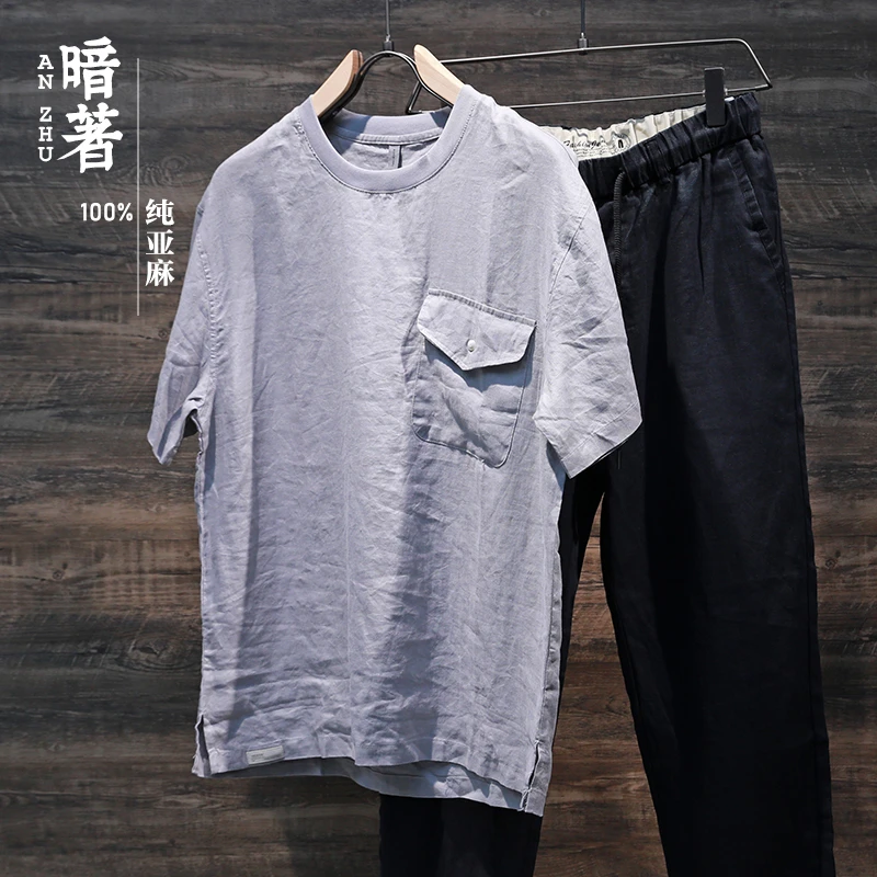 100%亚麻圆领宽松短袖T恤男夏季新款套头休闲半袖上衣舒适透气