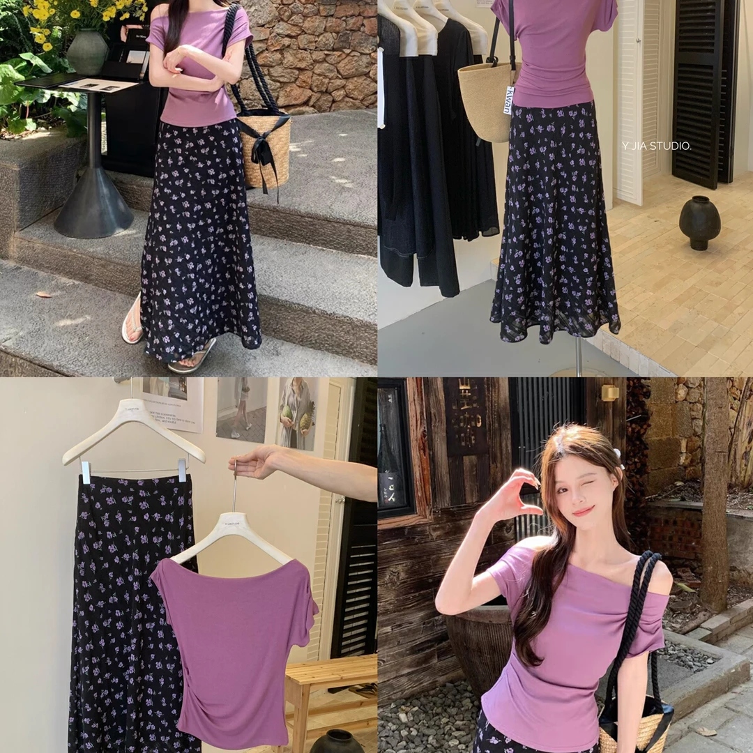美树 Y.JIA 伊嘉-一字肩紫色短袖T恤+碎花包臀半身裙套装3052-5