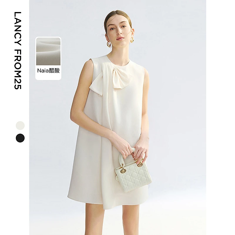 朗姿二醋酸高级感蝴蝶结a字轻礼服连衣裙2025年夏季新款穿搭好物