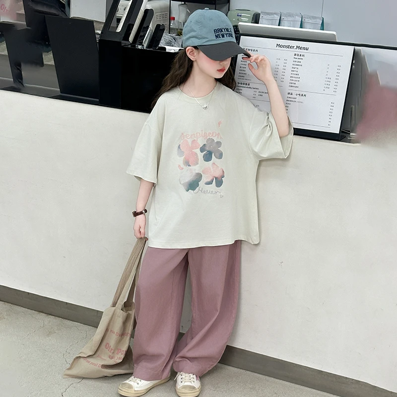 女童弯刀裤套装甜美休闲2025夏新款中大童印花短袖两件套宽松时尚