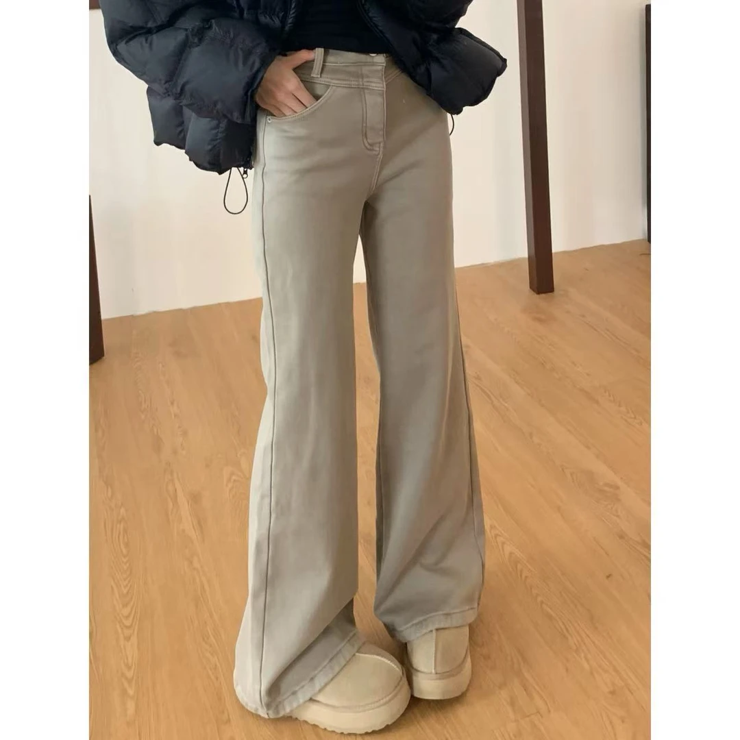 48H【长腿秘诀】加长加厚绒高腰微喇高级感长裤直筒喇叭牛仔裤25401