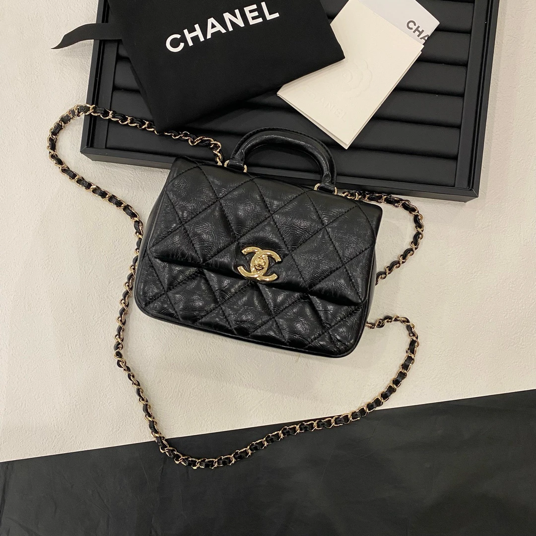95新 Chanel/香奈儿 24c黑金油蜡羊皮手提方胖子 斜挎包13775417