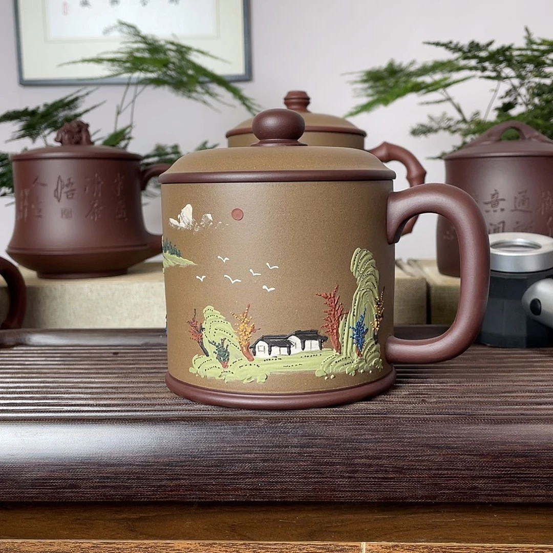 茶杯紫砂粉浆山水老板杯500cc