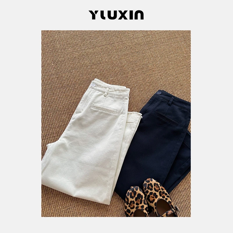 【YUUXIN】T台直筒裤~秋季斜纹休闲裤口袋高腰显瘦九分毛边直筒裤