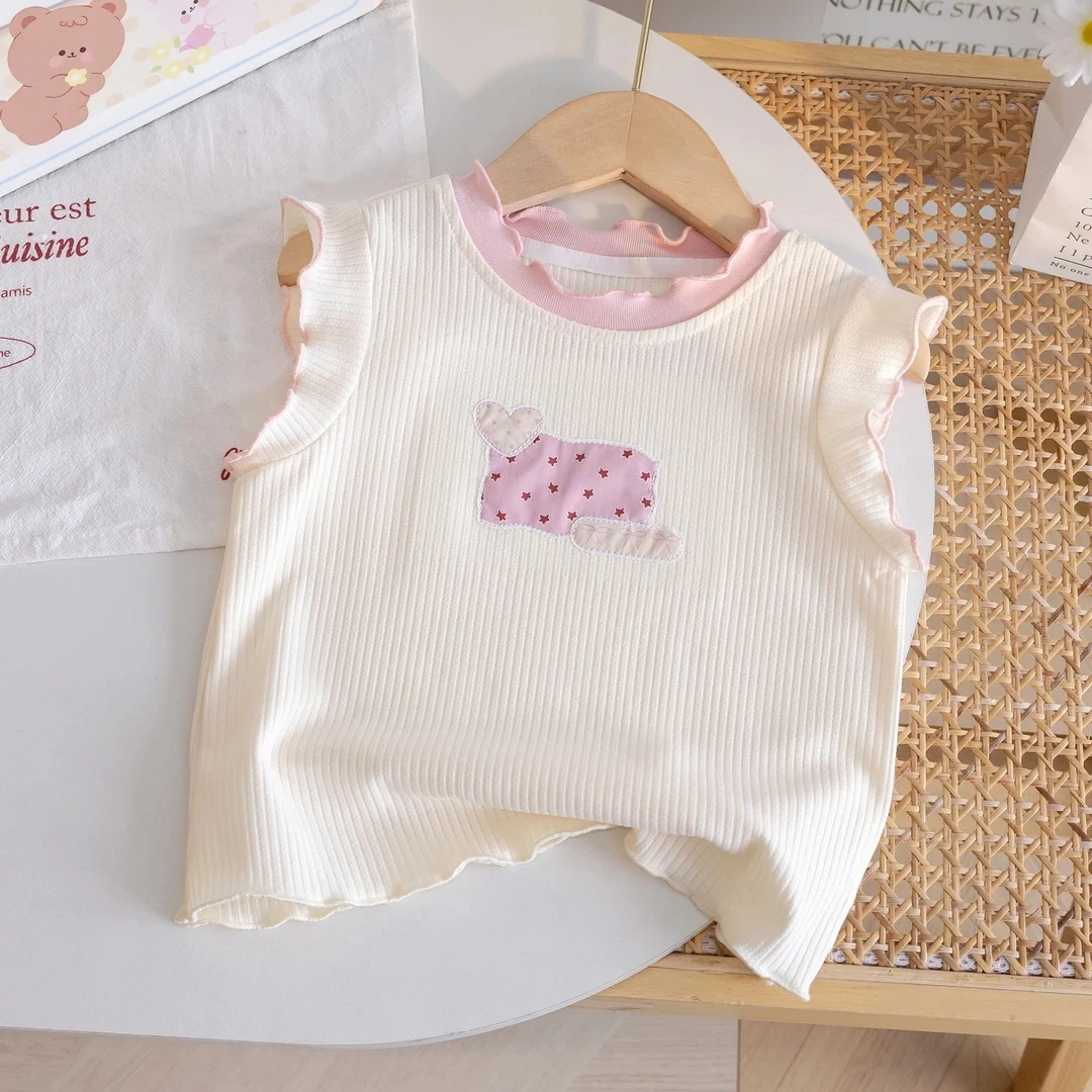 女童夏装套装夏季女童米白色背心粉格子花边裤宝宝可爱童装套装