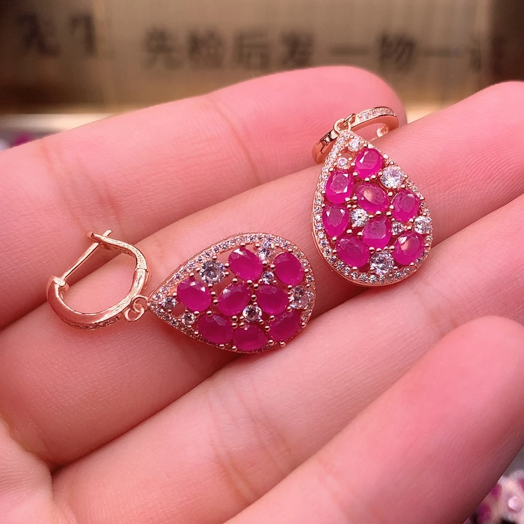 红宝石耳饰银S925镶嵌