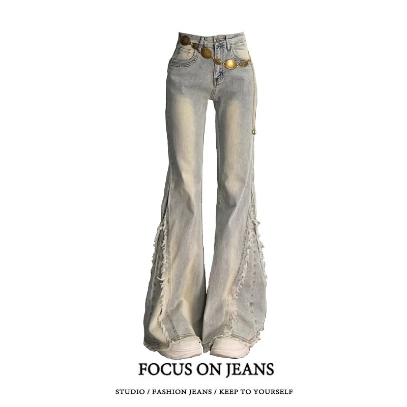 胖mm大码女装毛边设计感水洗做旧牛仔裤女高街辣妹女裤学生喇叭裤