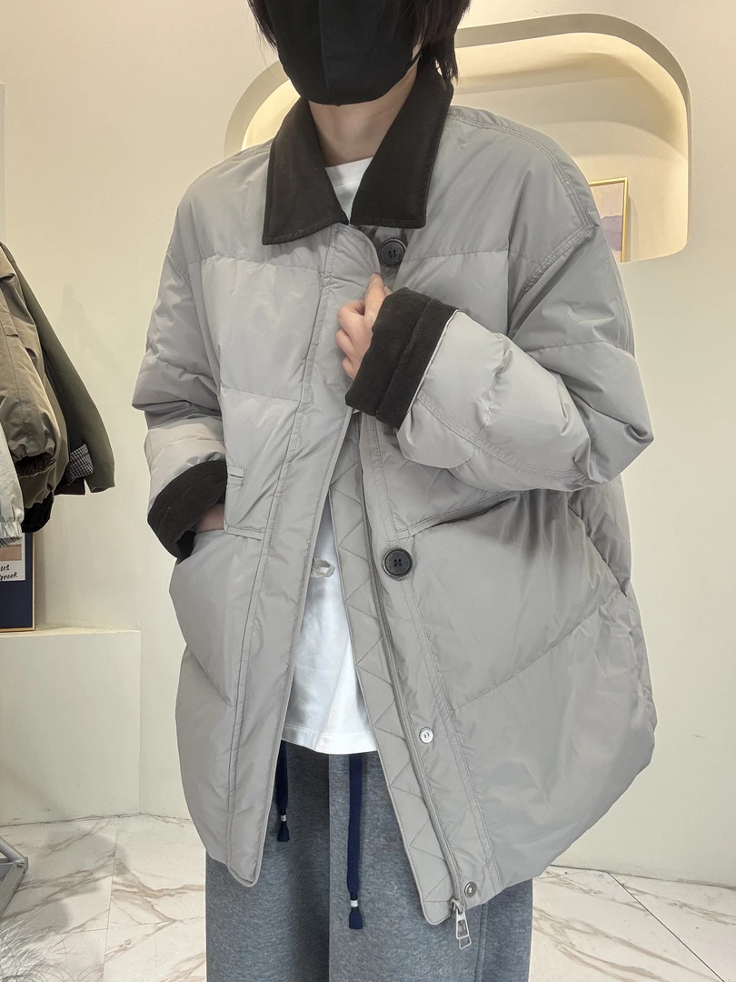 【DD女装】羽绒服拼接翻领中长款冬季新款休闲宽松显瘦女款外套