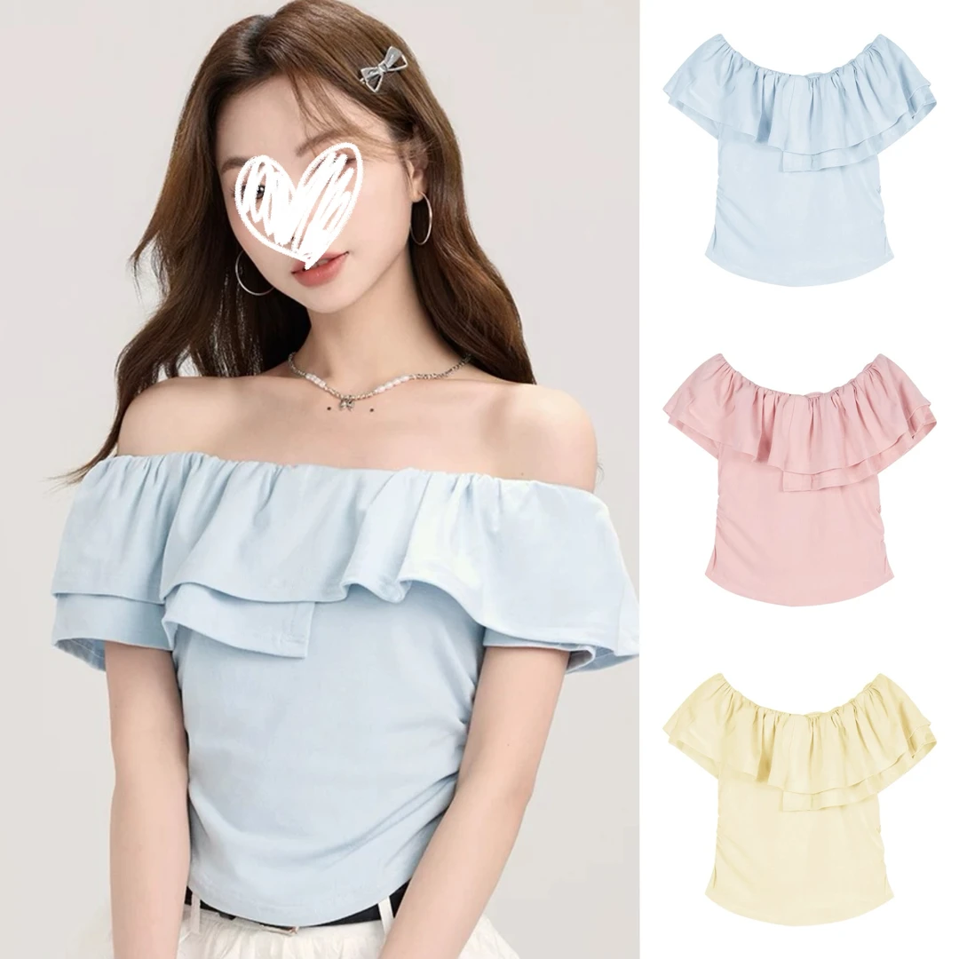 一字肩纯欲短袖T恤女夏季褶皱荷叶边设计感小众短款别致气质上衣