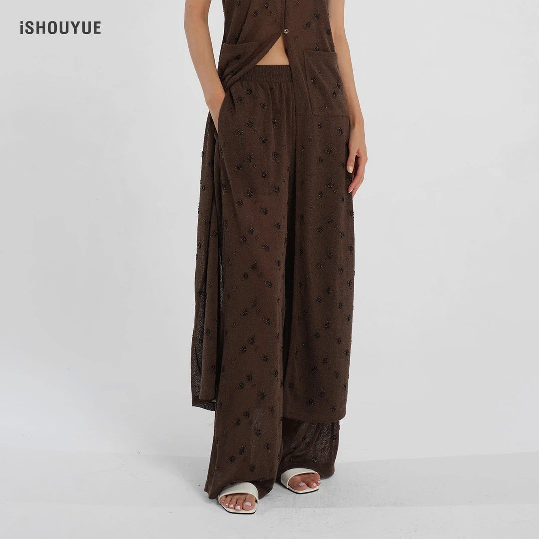 iSHOUYUE · 摩卡慕斯珠管花朵针织长裤时尚休闲高腰直筒裤