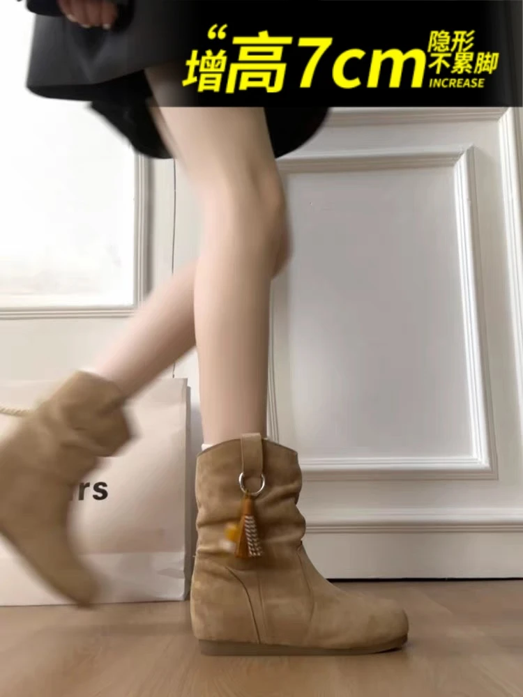 真皮复古内增高勃肯短靴女2025秋冬褶皱软底堆堆靴短筒西部马丁靴