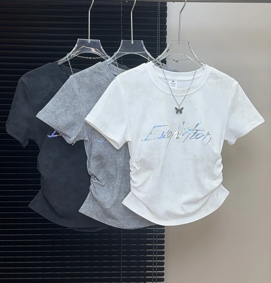 锋哥同款反光印花短袖T恤女2025夏季新款洗水做旧重磅衣服潮