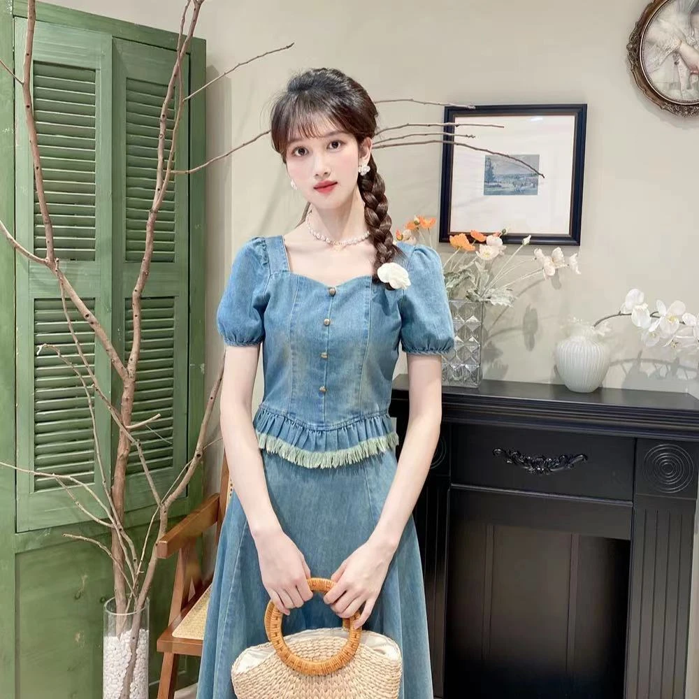 夏季新款法式方领仔小衫a字裙套装女小清新气质收腰两件套裙子