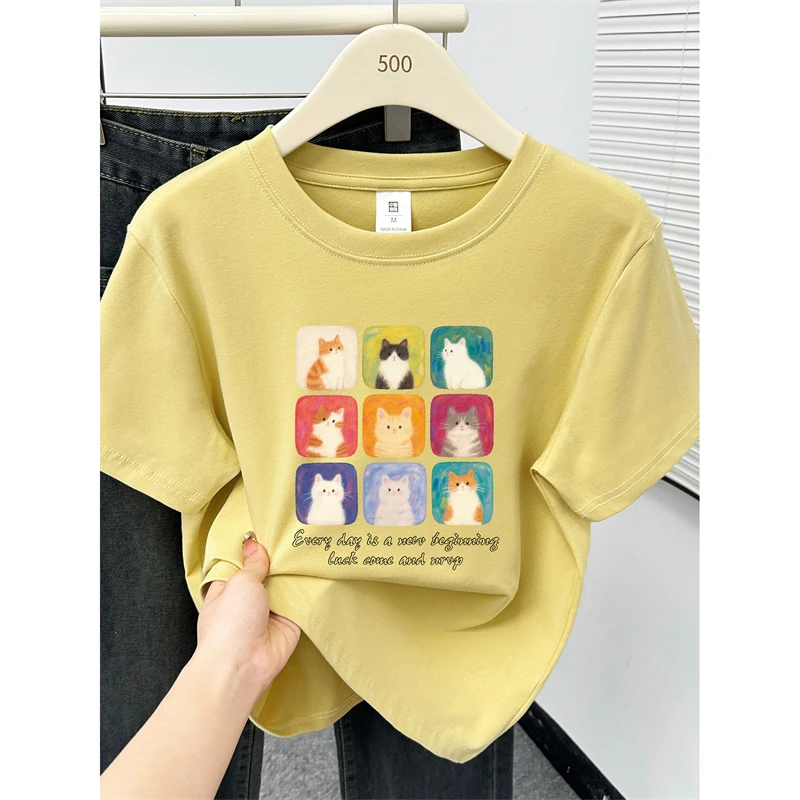 大码女装胖MM猫咪印花正肩短袖T恤爆款2025夏季休闲圆领半袖上衣