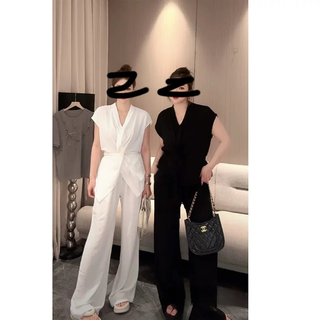 【QIG】法式气质慵懒风无袖衬衣搭配休闲裤套装高品质两件套