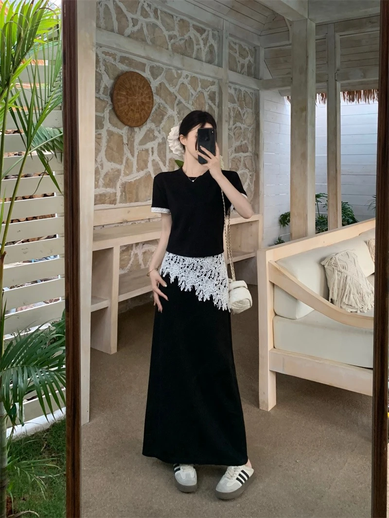 甜菜大码胖mm夏季时尚套装蕾丝花边拼接半身裙T恤纯欲风两件套女