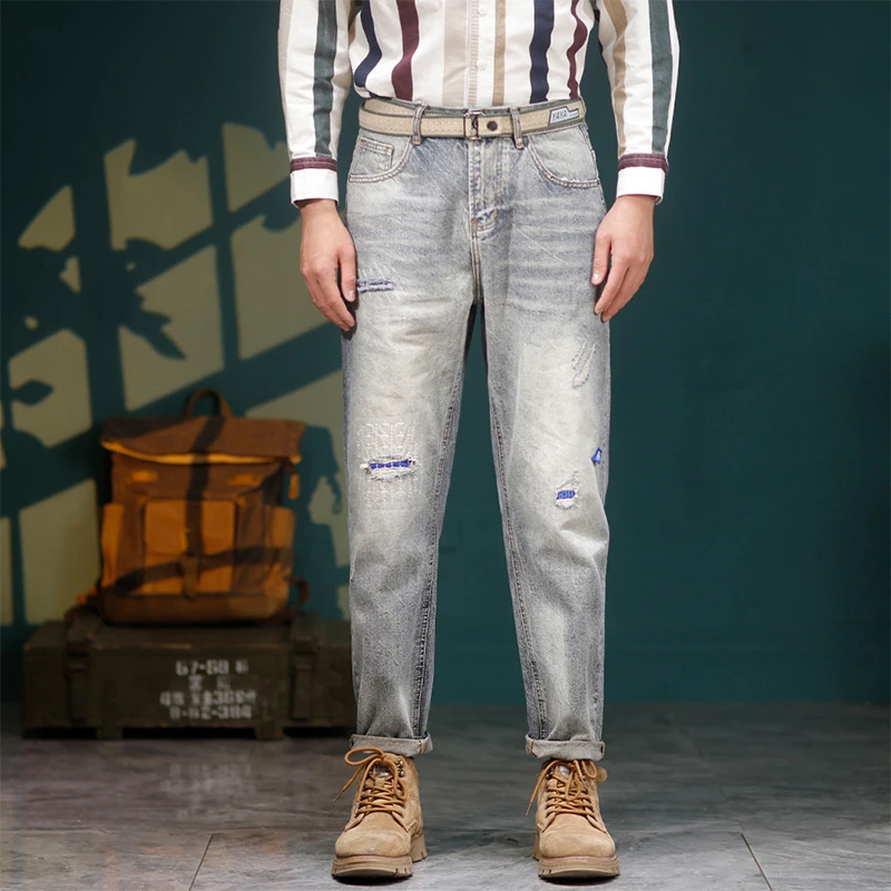 2025春秋新款牛仔裤男破洞怀旧贴布重工洗水高街潮流时尚男士长裤