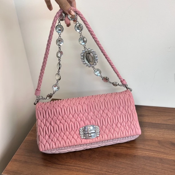 95新 MIU MIU/缪缪 拼色粉色褶皱斜挎宝石单肩包