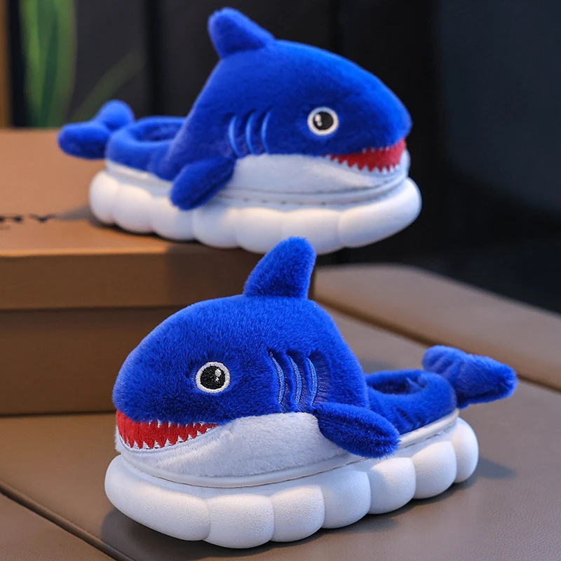 男童防滑棉拖儿童鲨鱼棉拖鞋男孩冬季卡通包跟毛毛鞋小孩家居鞋亲