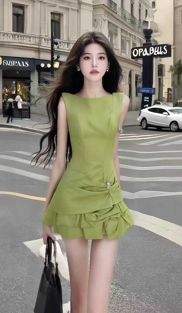 夏季小众时尚轻奢千金风绿色圆领无袖修身设计感气质显瘦连衣裙女