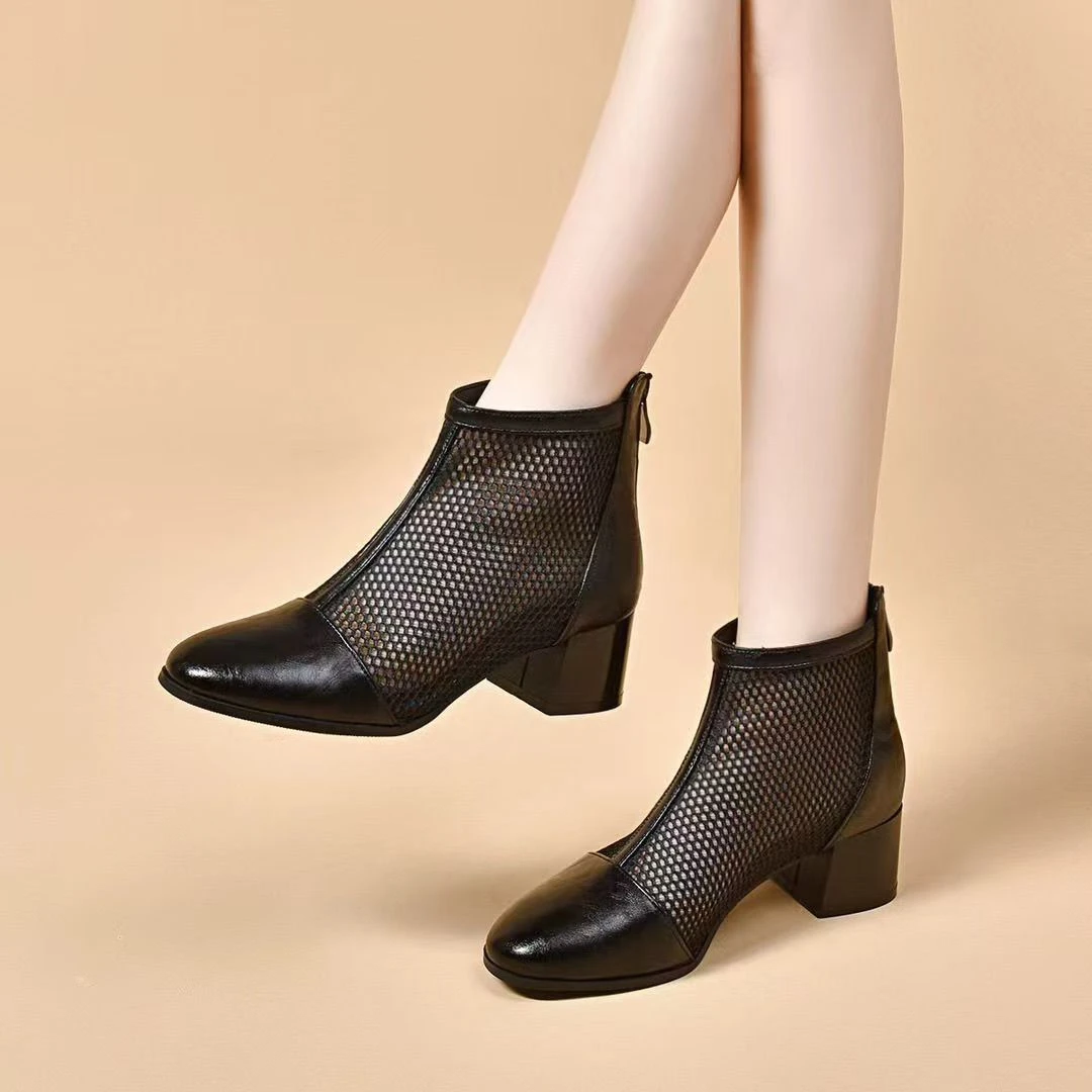 2025新款春夏季网纱短靴女方头中跟粗跟真皮凉鞋夏款透气镂空网靴