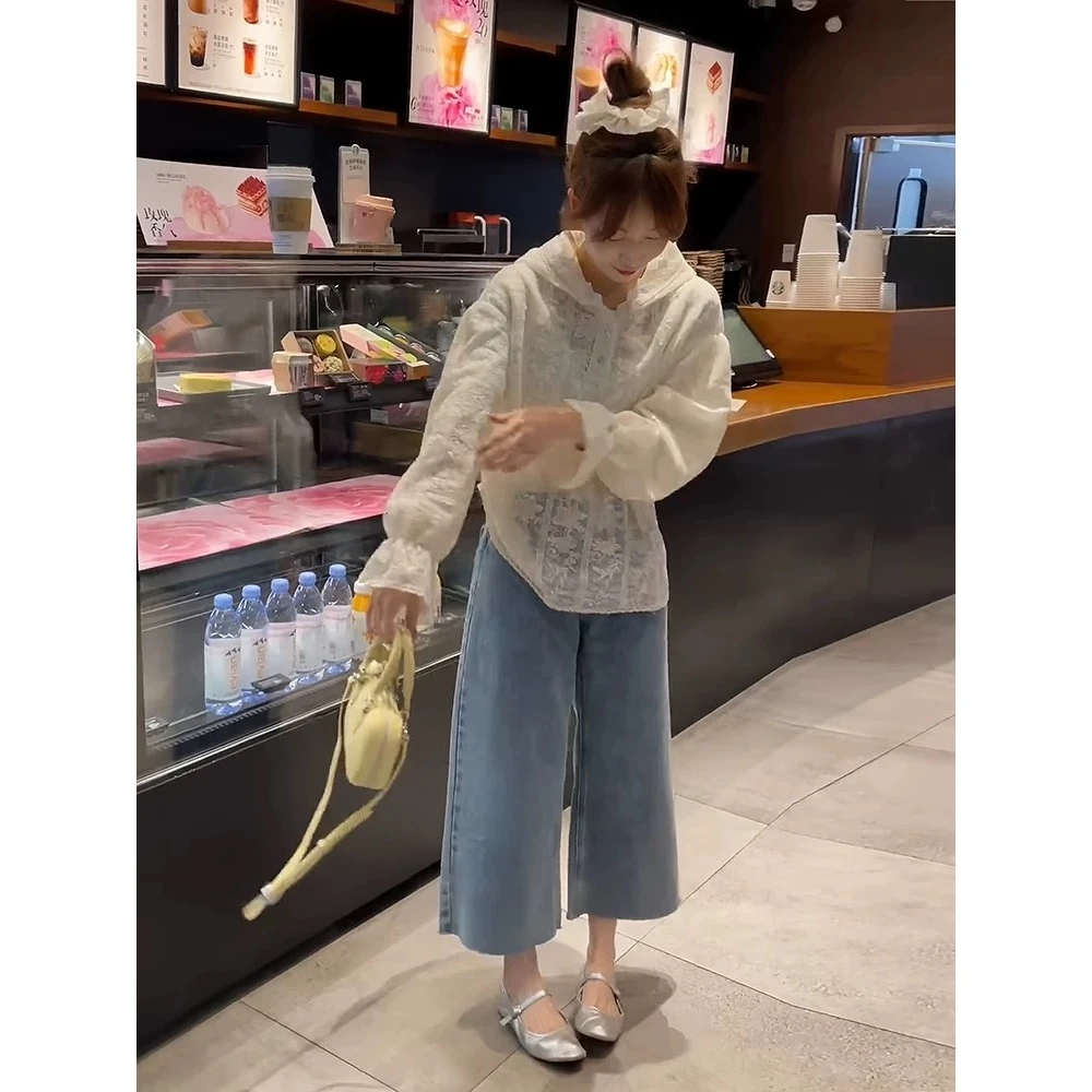 【湘湘定制】镂空钩花蕾丝花边连帽衬衫女2025秋季薄款蕾丝衫上衣