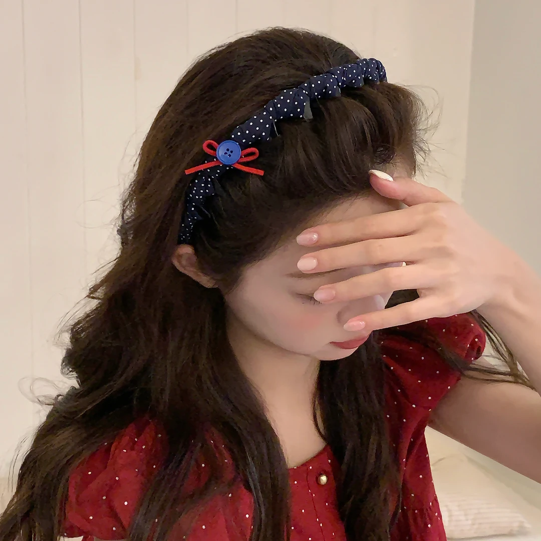 韩系少女！藏蓝系波点布艺波浪发箍带齿梳防滑高颅顶头箍外戴发卡