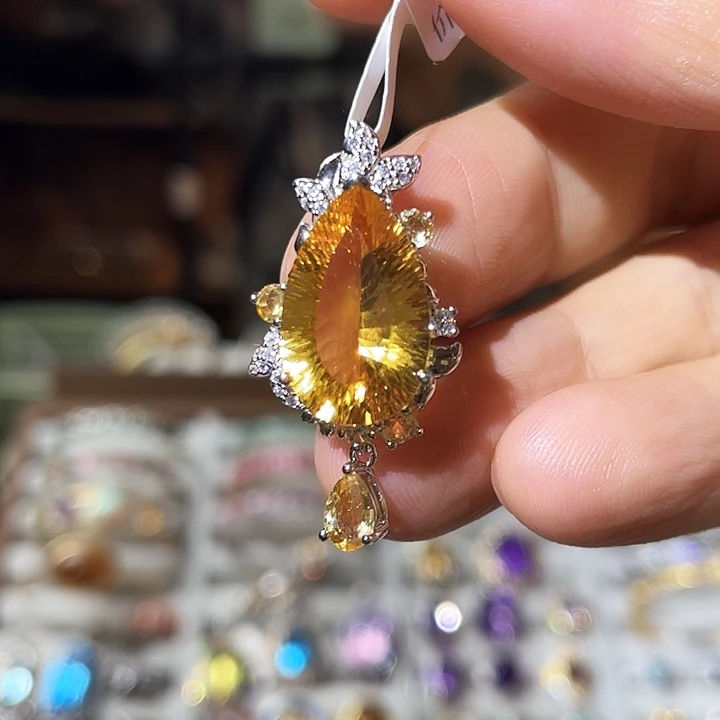 黄晶吊坠(不含链)银S925镶嵌巴西黄水晶