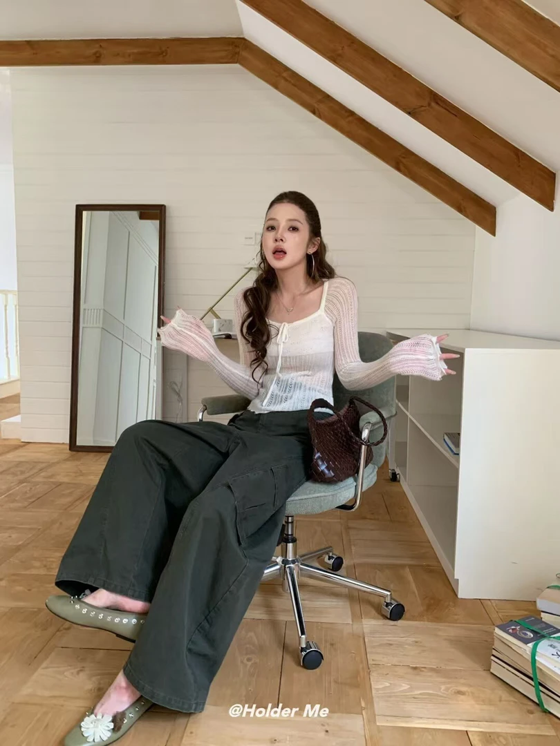 韩系秋冬新款时尚高级感薄款系带长袖上衣高腰垂感宽松直筒裤套装