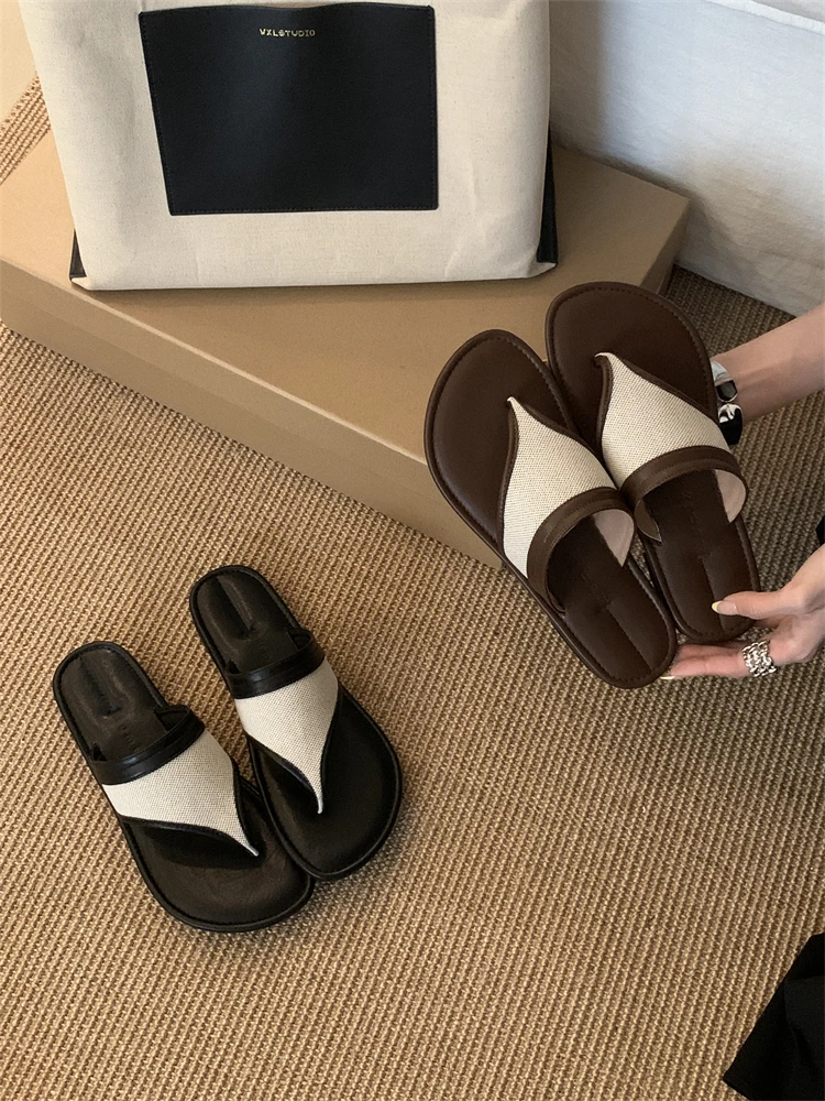 3016-2平底人字拖鞋女外穿2025新款韩版简约拼色夹趾凉拖