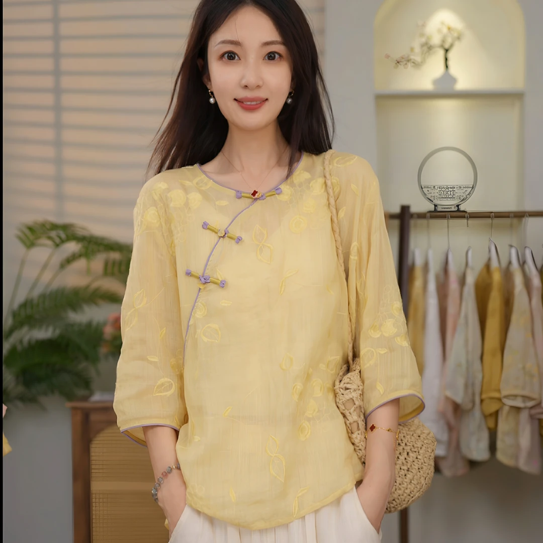 新中式国风盘扣重工刺绣苎麻紫色拼色上衣夏季新款女衬衫复古上衣