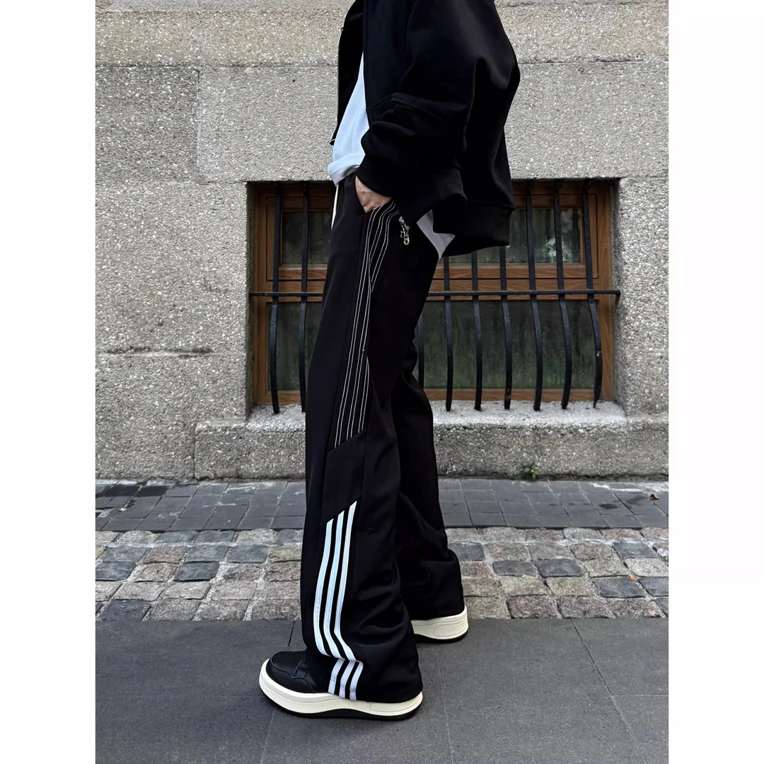 传奇商行legend原创休闲百搭四季条纹拼接情侣宽松传奇商行裤子