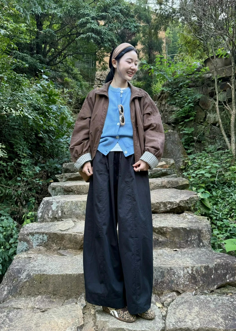 2025早秋新款韩版袖口格子撞色高级感休闲外套夹克上衣百搭阔腿裤