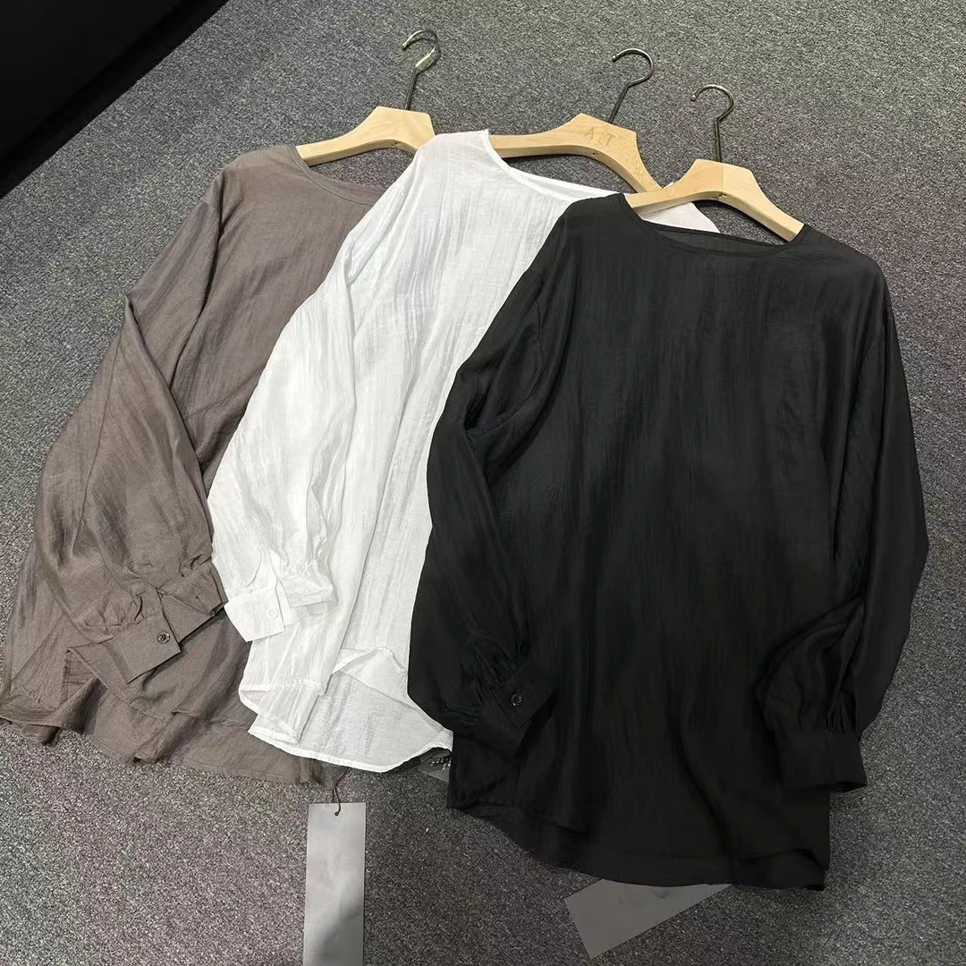 （老三）韩版百搭慵懒风纯色显瘦长袖休闲褶皱衬衫宽松上衣简约T恤