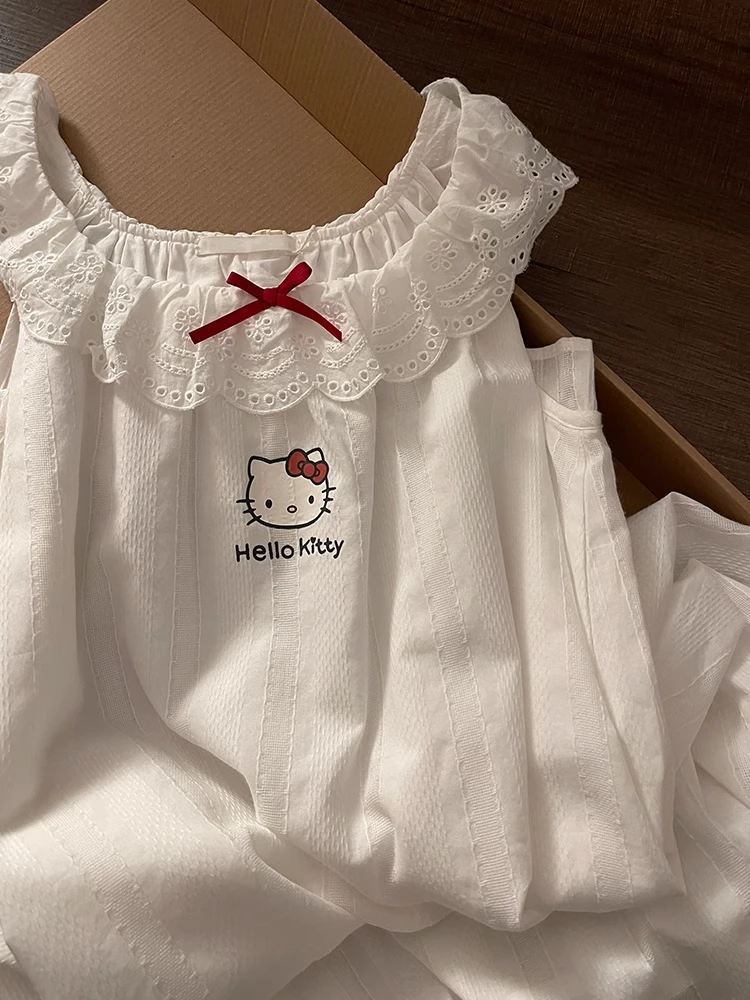 甜美睡裙夏季新款云朵棉夏天简约凯蒂猫吊带睡衣蕾丝可外穿家居服