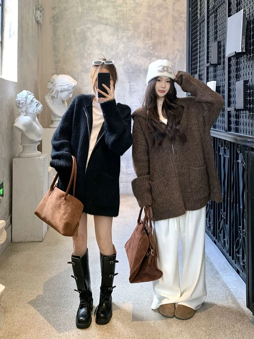 韩系慵懒风连帽针织毛衣外套女2025新款秋冬百搭宽松中长款开衫厚